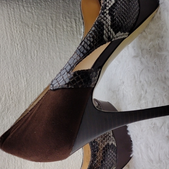Marc Fisher Tumble Brown Suede Snakeskin Open Toe Slip On Stiletto High Heels - Picture 13 of 16